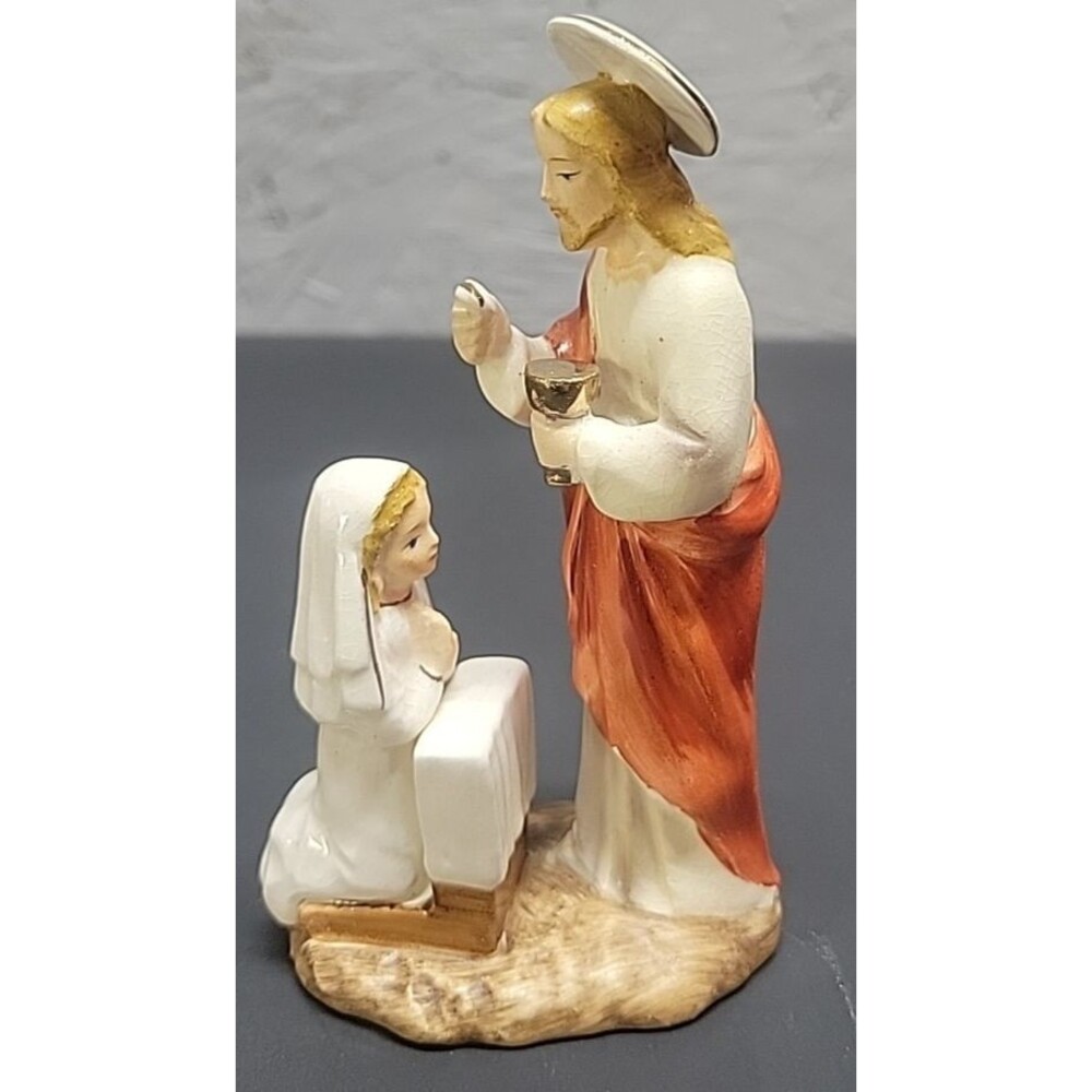 Vtg 60s Holy First Communion Jesus statue porcelain 5" ht. handpainted w/box